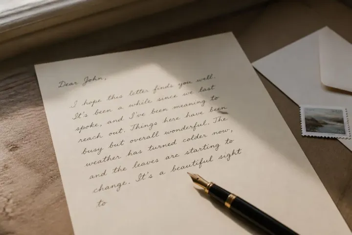 Handwritten letters and a fountain pen on a wooden table