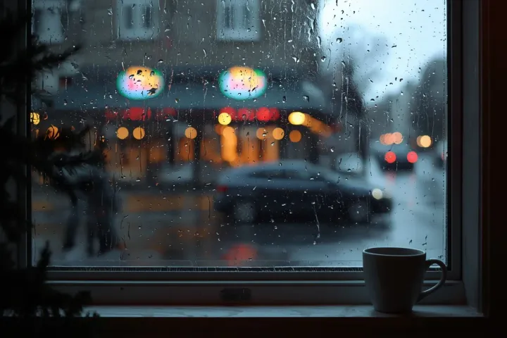 Raindrops on a window with a cosy warm interior behind