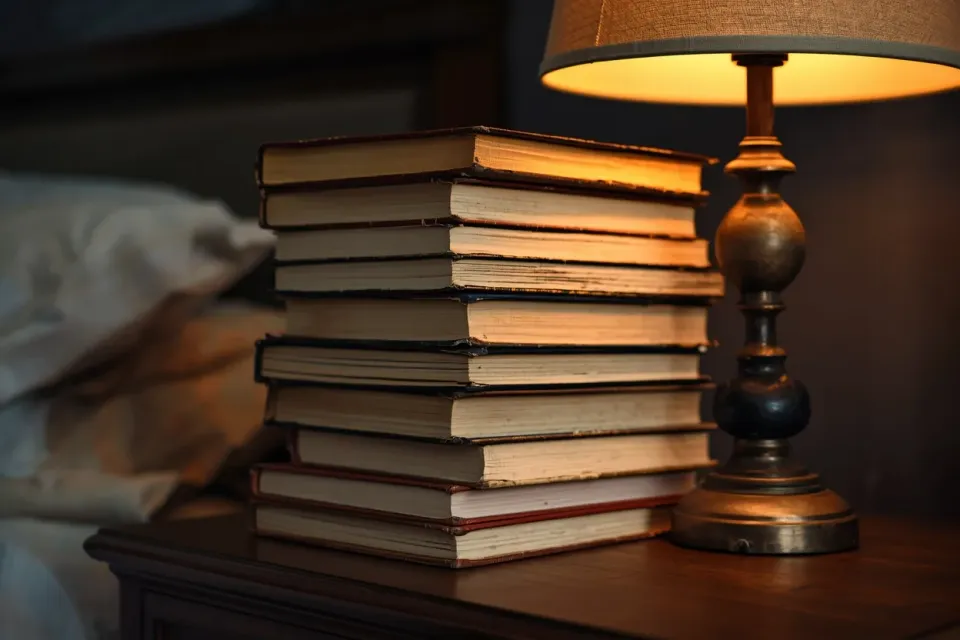 A pile of well-read books on a bedside table with a lamp